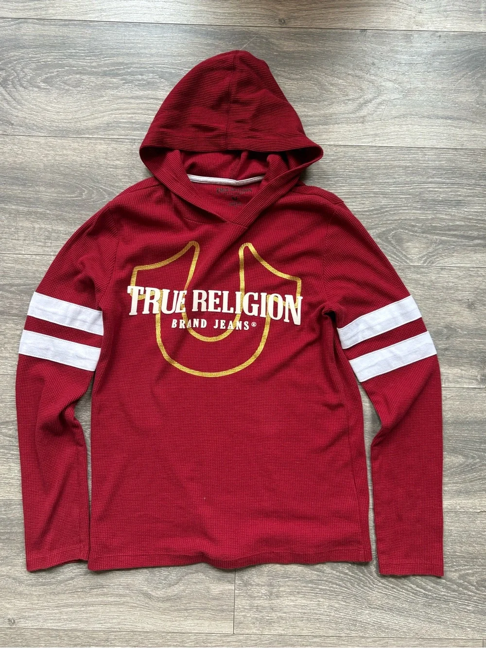 True Religion Maroon Hoodie with White Sleeve Stripes Mens extra small